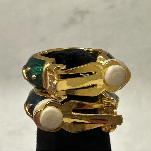 Vintage Joan Rivers Green & Red Enamel X Pattern Gold-tone Clip On Hoop Earrings - Picture 6 of 8